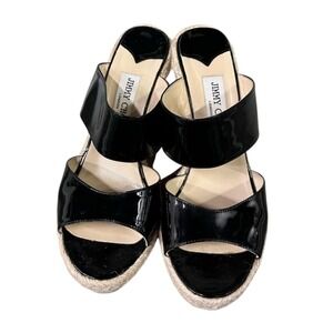 Jimmy Choo Black Patent Leather Espadrille Wedge Sandals Size 41